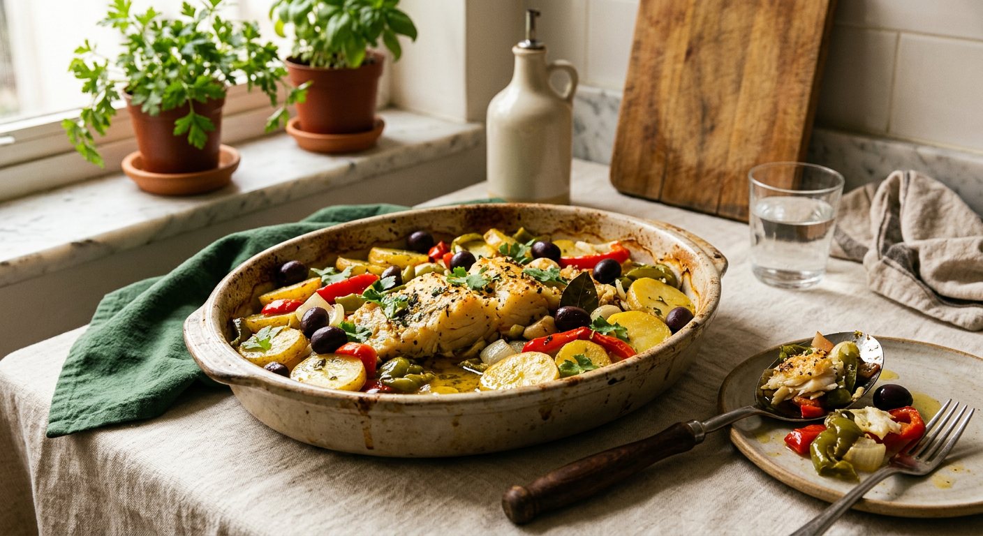 Bacalhoada (Salt Cod Stew) — Portuguese-Heritage Baked Cod with Potatoes, Peppers and Olives