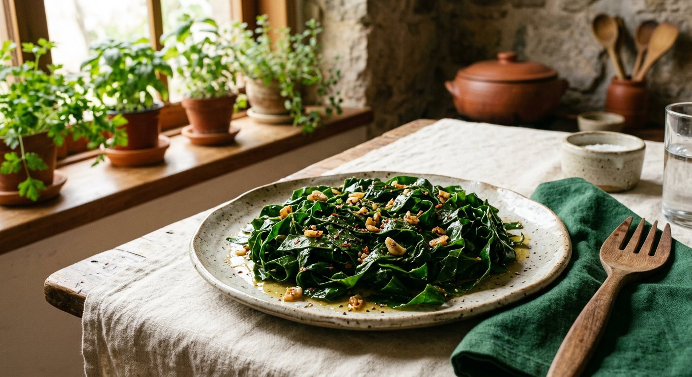 Couve Refogada (Garlic Collard Greens) — Ribbon-Thin Collards Flashed in Garlic Oil